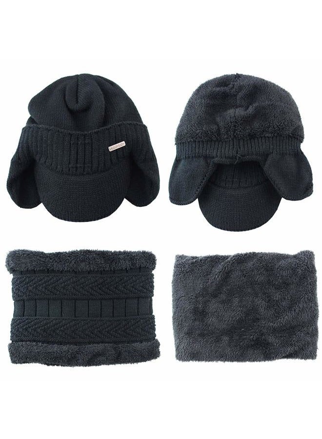 CAMOLAND 30% Wool Winter Beanie w/Visor & Earflaps for Men Outdoor Fleece Hat Scarf Set - Image 3