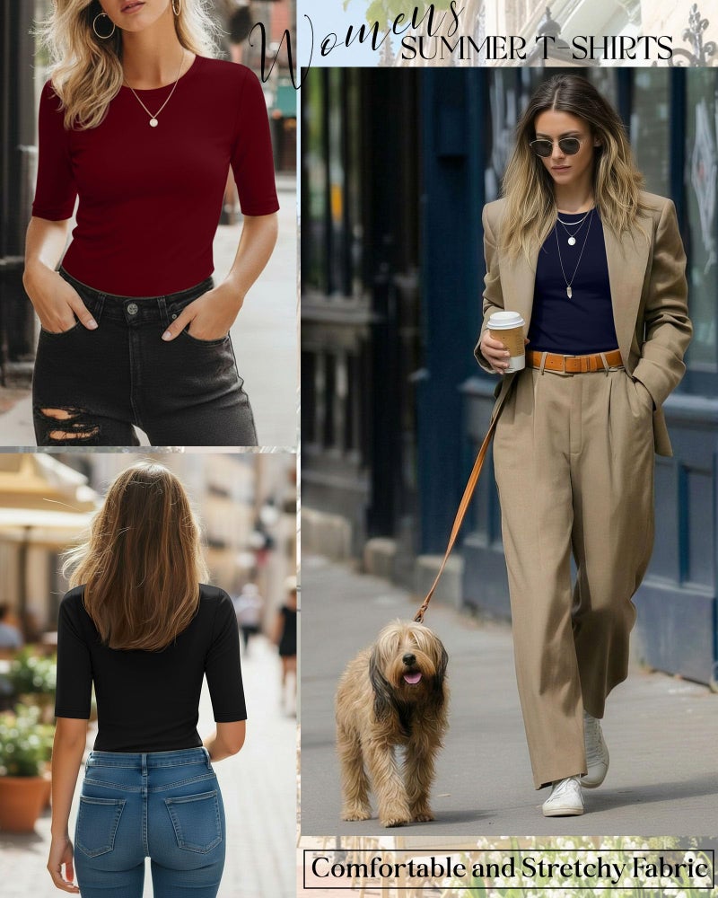 Riyiper 3 Pack Women's Half Sleeve Tops Crewneck 1/2 Sleeve T Shirts Elbow Length Tops Slim Fit Cotton Blend Basic Tees(Black, Navy Blue, Wine Red,L) - Image 4