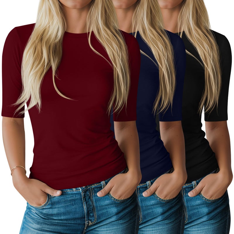 Riyiper 3 Pack Women's Half Sleeve Tops Crewneck 1/2 Sleeve T Shirts Elbow Length Tops Slim Fit Cotton Blend Basic Tees(Black, Navy Blue, Wine Red,L) - Image 1