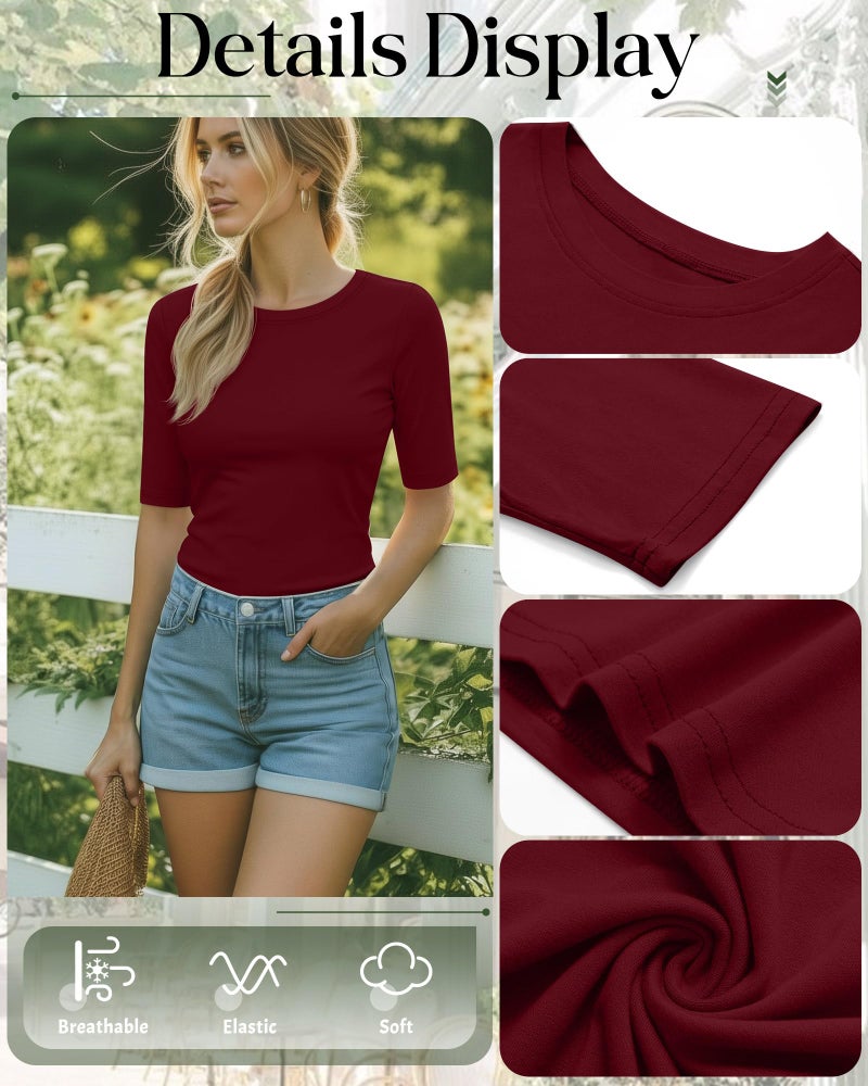 Riyiper 3 Pack Women's Half Sleeve Tops Crewneck 1/2 Sleeve T Shirts Elbow Length Tops Slim Fit Cotton Blend Basic Tees(Black, Navy Blue, Wine Red,L) - Image 5