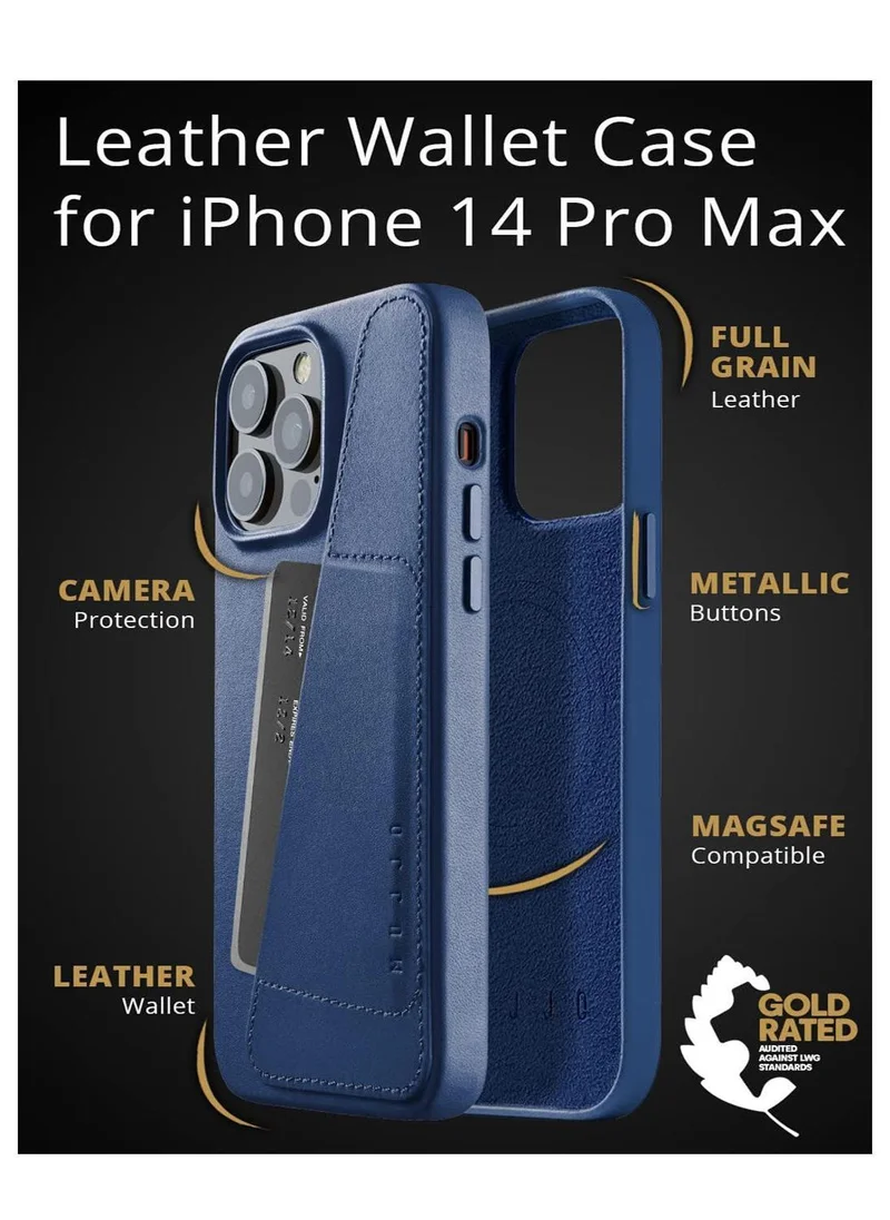موجو حافظة محفظة جلدية من Mujjo مع حامل بطاقة لهاتف iPhone 14 Pro Max MagSafe متوافق مع Ecco جلد داخلي من الألياف الدقيقة اليابانية حماية متقدمة باللون الأزرق