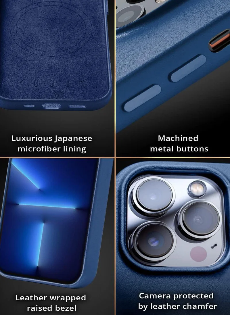 موجو حافظة محفظة جلدية من Mujjo مع حامل بطاقة لهاتف iPhone 14 Pro Max MagSafe متوافق مع Ecco جلد داخلي من الألياف الدقيقة اليابانية حماية متقدمة باللون الأزرق