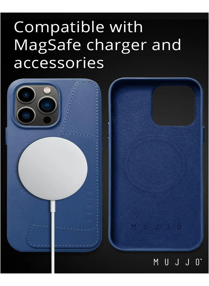 موجو حافظة محفظة جلدية من Mujjo مع حامل بطاقة لهاتف iPhone 14 Pro Max MagSafe متوافق مع Ecco جلد داخلي من الألياف الدقيقة اليابانية حماية متقدمة باللون الأزرق