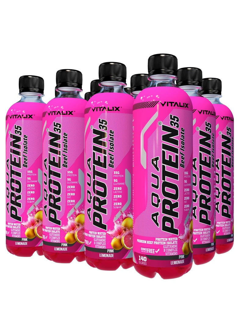Vitalix Aqua Protein 35 Beef Isolate Pink Lemonade - 35g Protein Water, 5g Glutamine, Vitamins B,Lactose Free, Sugar Free, Zero Fat - Protein Drink 500ml Pack of 12 - Image 1