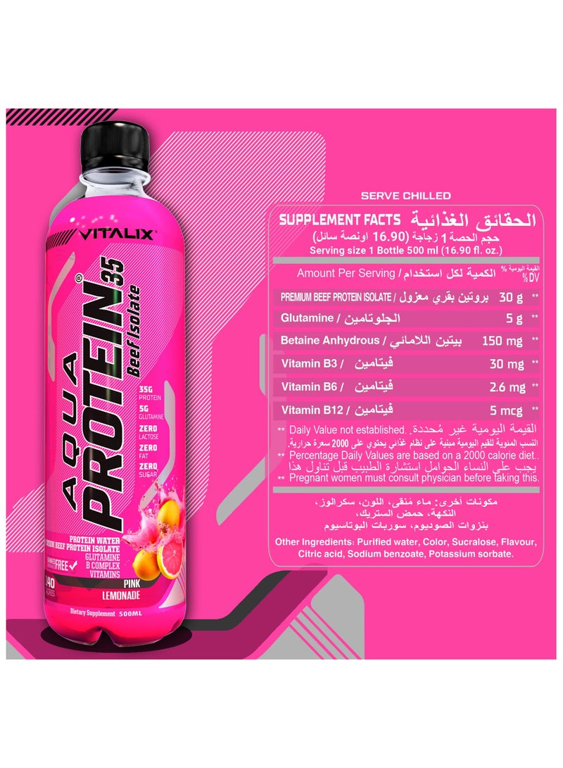 Vitalix Aqua Protein 35 Beef Isolate Pink Lemonade - 35g Protein Water, 5g Glutamine, Vitamins B,Lactose Free, Sugar Free, Zero Fat - Protein Drink 500ml Pack of 12 - Image 3