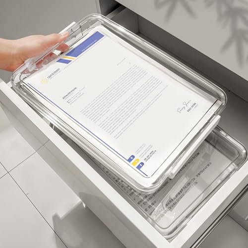 Mekueeex 4 Pack Clear Plastic File Boxes with Handle, Modern Style, Stackable, Water Resistant, A4 Letter File, Document, Photo, Scrapbook Storage - Image 4