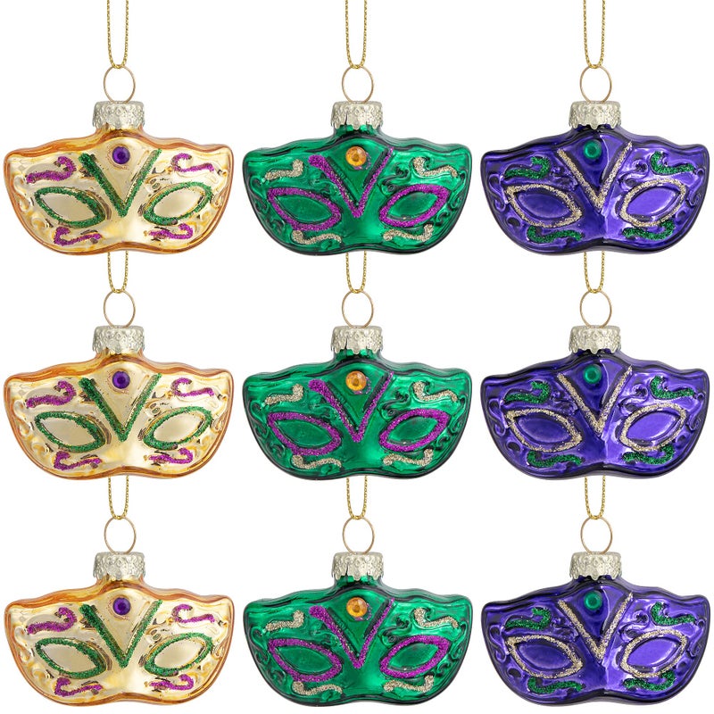 LFUTARI 9pcs Mardi Gras Glass Mask Blown Ornaments Gold Green Purple Hanging for Mardi Gras Holiday New Orleans Party