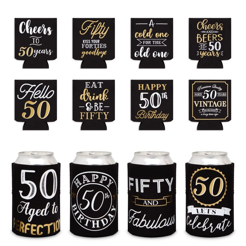 Sparkle and Bash 50th Birthday Can Cooler Sleeves Medium Black Gold 12Pack Insulated Neoprene Holder for 12 Oz Cans 50th Birthday Party Favors Decorations