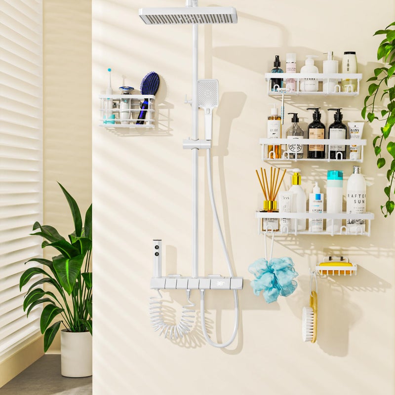 Moforoco White 5 حزمة دش Caddy Shelf منظمي الرف الرف الذاتي اللصق الأسود لتخزين الحمام منظمة المنزل المطبخ لا حفر داخل ديكور RV ملحقات الشقة الأولى الأساسية - Image 2