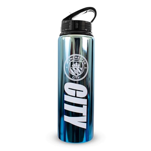 Hy-Pro Officially Licensed Manchester City Metal Water Bottle - 750ml Aluminum UV Sports Bottle with Folding Straw - Lightweight for School & Sports - Neochrome Design - Image 1
