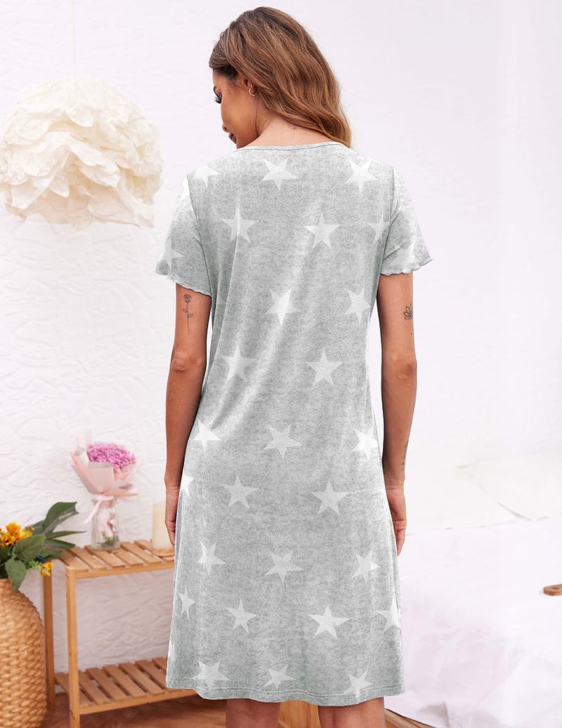 Ekouaer Women's Nightshirt Short Sleeve Button Down Nightgown V-Neck Sleepwear Pajama Dress - Image 3