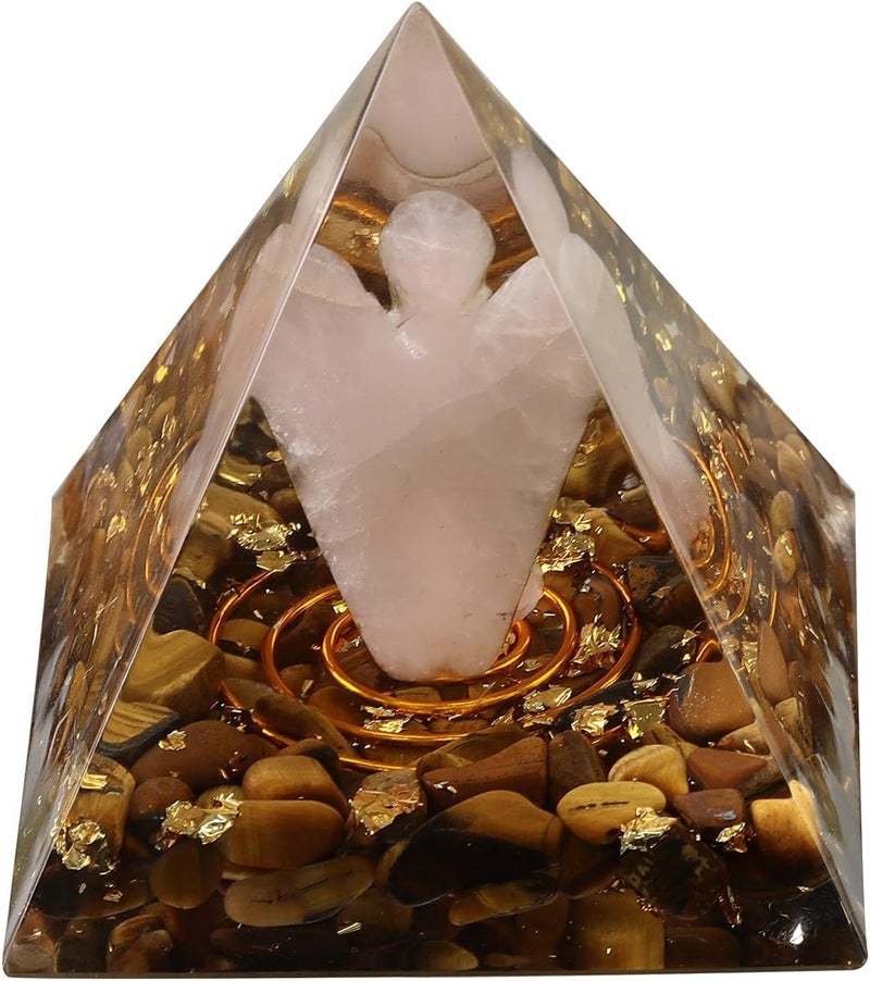 SUNYIK Rose Quartz Guardian Angle Orgone Pyramid Crystal Chips Stone Energy Generator for Reiki Meditation Chakra Balancing, Tiger's Eye