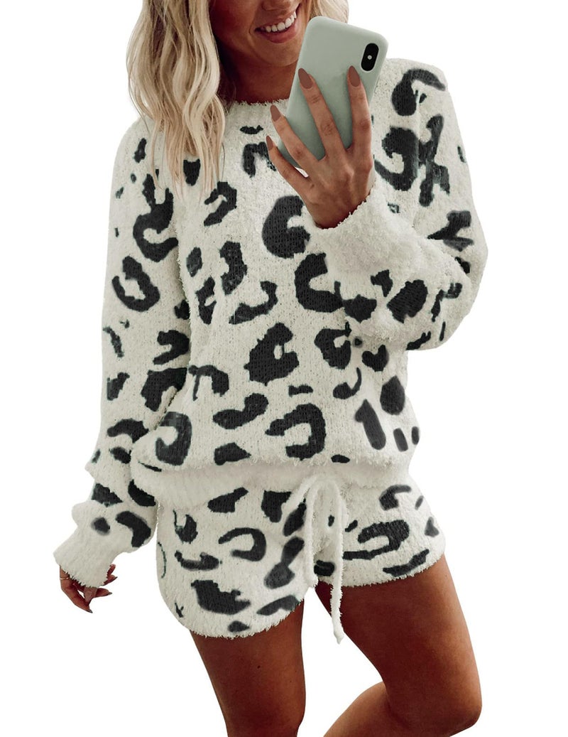 Ekouaer Fuzzy Fleece Pajamas 2 Piece Warm Soft Lounge Set Long Sleeve Sweater Top and Shorts Loungewear Outfits Sweatsuits Black Leopard XL - Image 1