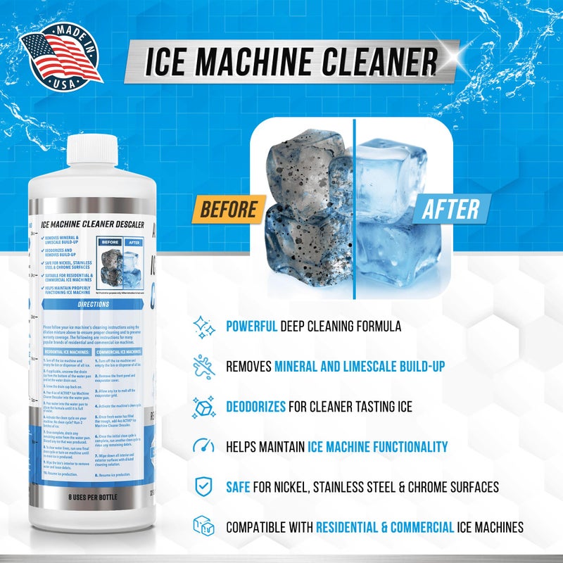 ACTIVE Ice Machine Cleaner Maker Descaler - 32 fl oz (8 Uses) Nickel Safe Ice Maker Cleaner Solution - Compatible with Whirlpool 4396808, Scotsman,Manitowoc,Hoshizaki, GE Opal Cleaning Kit - USA Made - Image 2