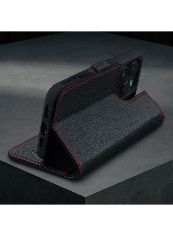 TORRO Case Compatible with iPhone 16 Pro Max - Genuine Leather Case with Stand Function and Card Slots (Compatible with Official MagSafe Chargers) - Black - Image 3