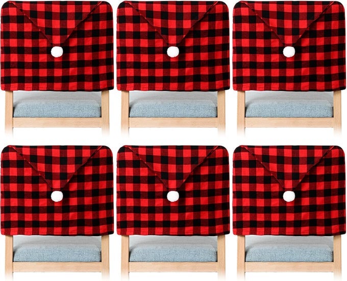 6 PIECES CHRISTMAS CHAIR BACK COVERS SANTA HAT BUFFALO PLAID CHRISTMAS DINING CHAIR PROTECTOR ELASTIC GINGHAM COVER FOR DINING KITCHENBLACK RED