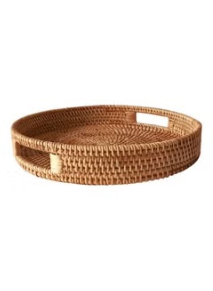 Kutis 1-Piece Woven Serving Tray with Handles Round Tray For Snacks Fruits Organization And Storage Basket Brown 11.8x1.96 cm - Image 1