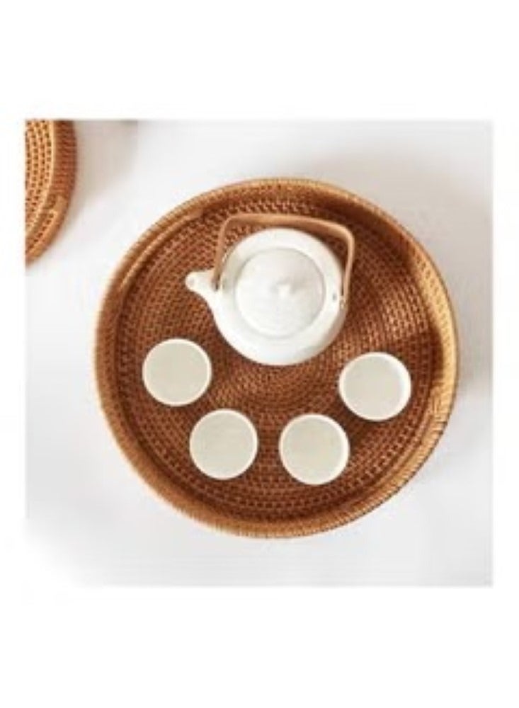Kutis 1-Piece Woven Serving Tray with Handles Round Tray For Snacks Fruits Organization And Storage Basket Brown 11.8x1.96 cm - Image 2