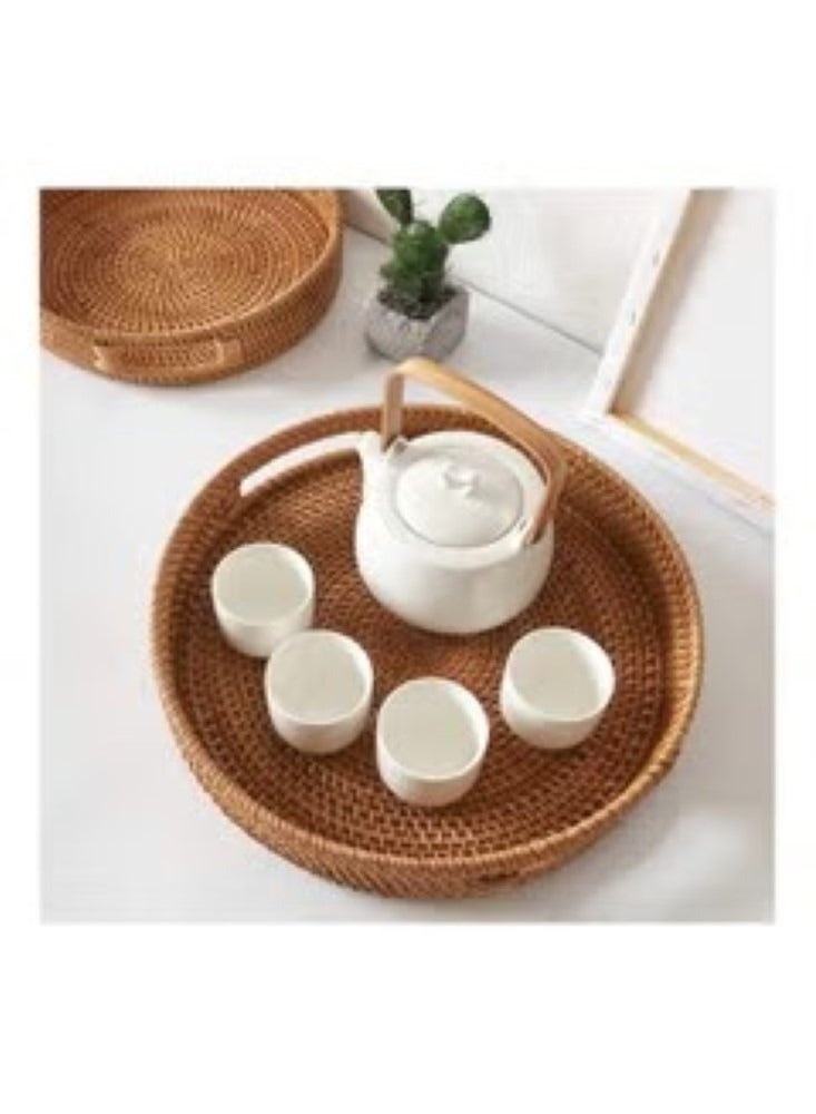 Kutis 1-Piece Woven Serving Tray with Handles Round Tray For Snacks Fruits Organization And Storage Basket Brown 11.8x1.96 cm - Image 3