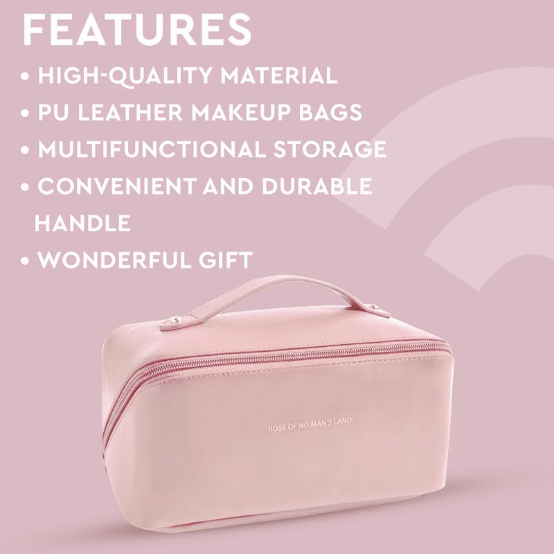 GUBB Multifunctional Travel Makeup Bag | Large Capacity Portable Leather Makeup Bag with Convinient & Durable Handle | Cosmetics Storage Bag with Waterproof PU Leather Fabric - Pink - Image 4