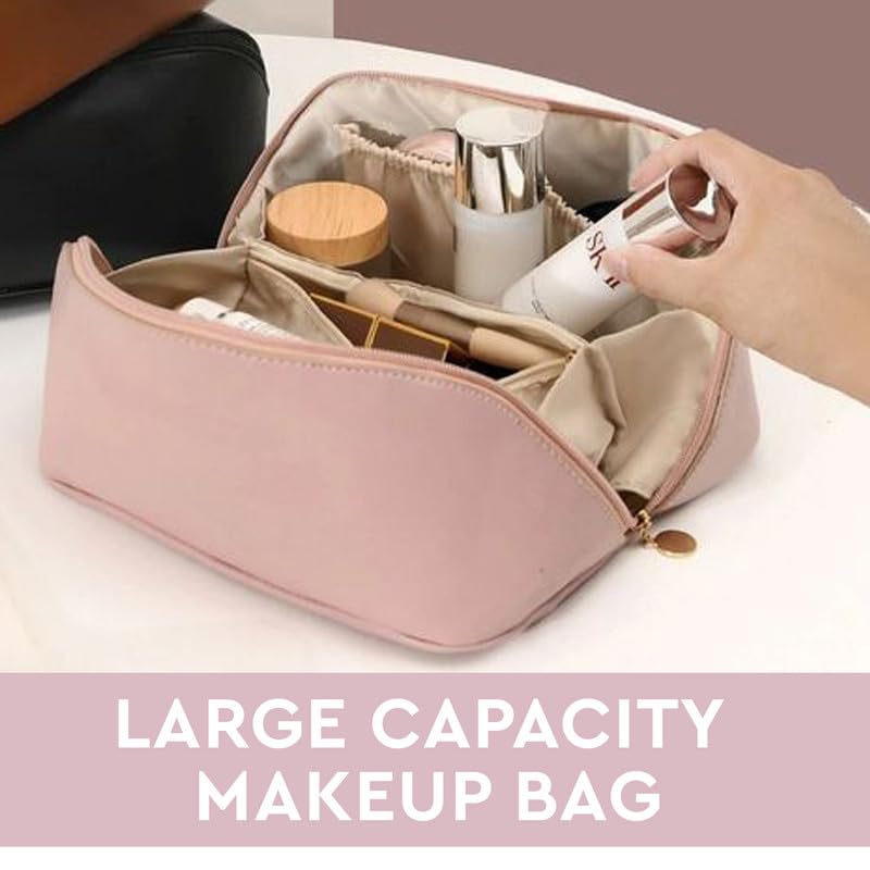 GUBB Multifunctional Travel Makeup Bag | Large Capacity Portable Leather Makeup Bag with Convinient & Durable Handle | Cosmetics Storage Bag with Waterproof PU Leather Fabric - Pink - Image 3
