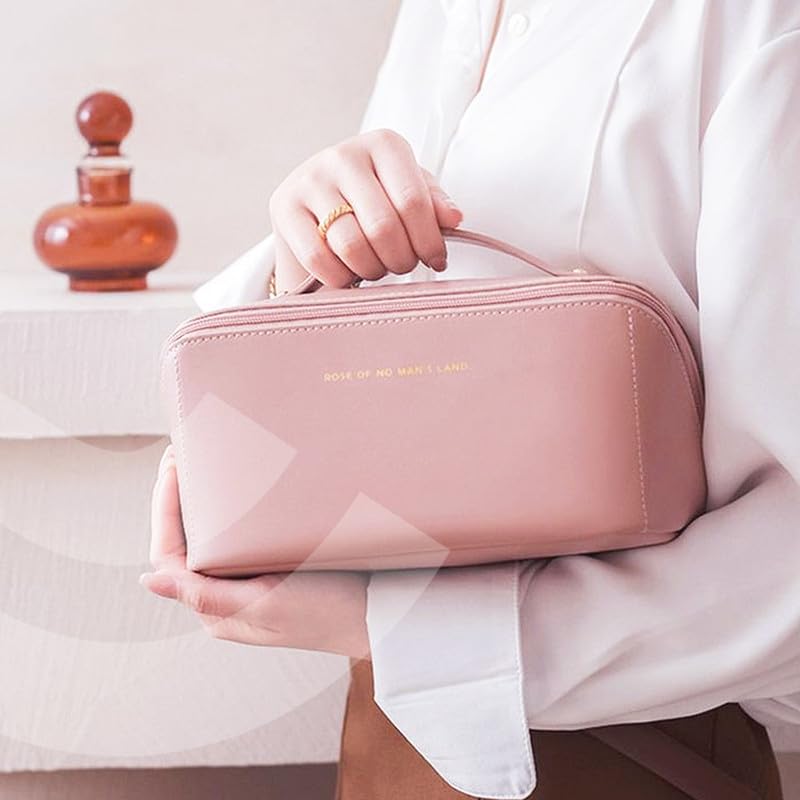 GUBB Multifunctional Travel Makeup Bag | Large Capacity Portable Leather Makeup Bag with Convinient & Durable Handle | Cosmetics Storage Bag with Waterproof PU Leather Fabric - Pink - Image 5