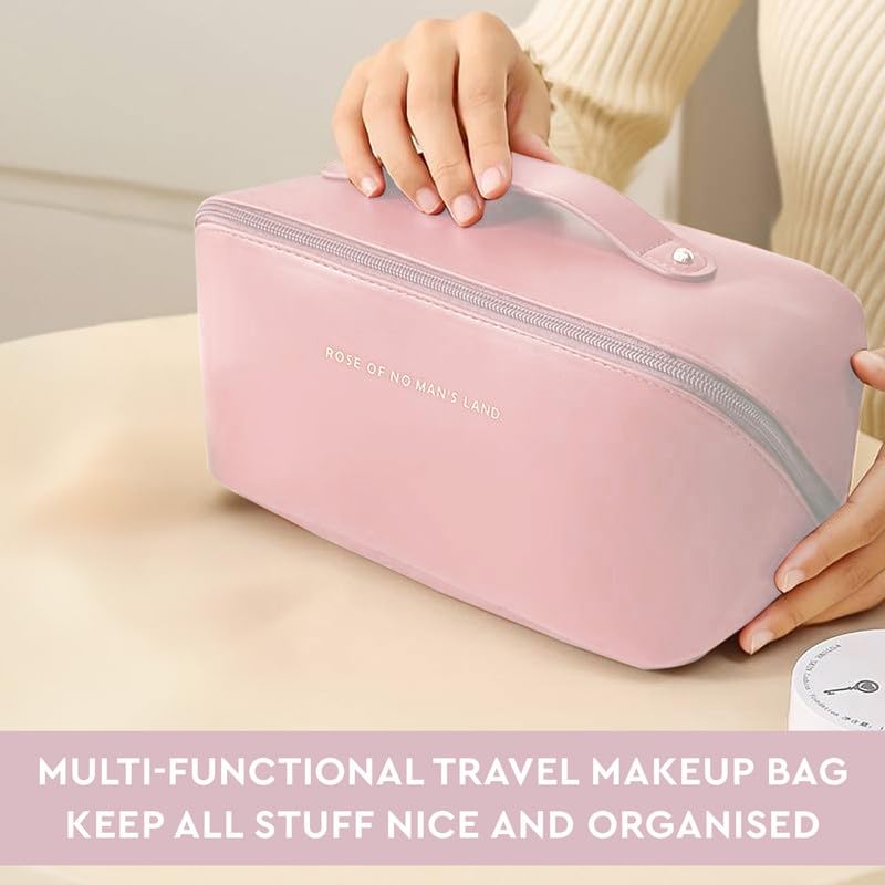 GUBB Multifunctional Travel Makeup Bag | Large Capacity Portable Leather Makeup Bag with Convinient & Durable Handle | Cosmetics Storage Bag with Waterproof PU Leather Fabric - Pink - Image 2