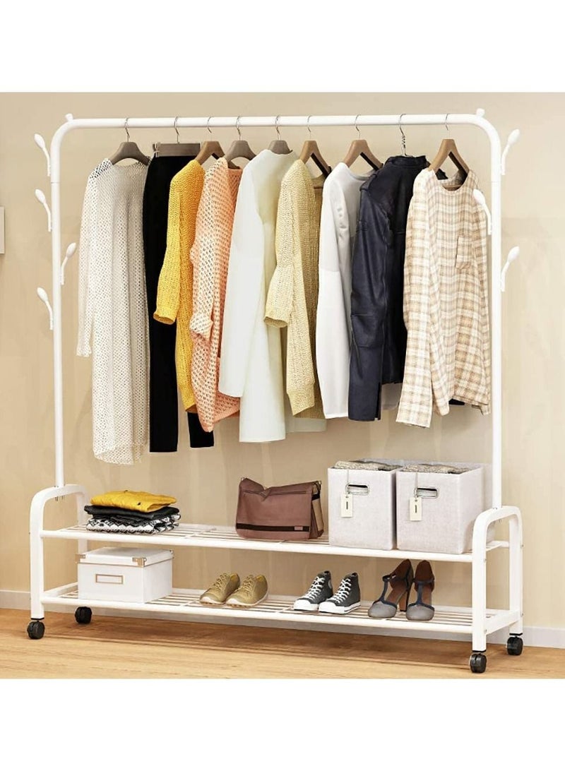 حامل ملابس متحرك، حامل ملابس معدني، حامل ملابس ثقيل للاستخدام الداخلي، حامل معاطف وأحذية مع قضيب علوي ورف تخزين سفلي (طبقتين - أبيض) - Image 1