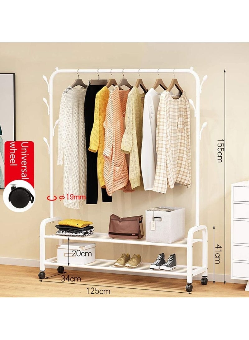 حامل ملابس متحرك، حامل ملابس معدني، حامل ملابس ثقيل للاستخدام الداخلي، حامل معاطف وأحذية مع قضيب علوي ورف تخزين سفلي (طبقتين - أبيض) - Image 2