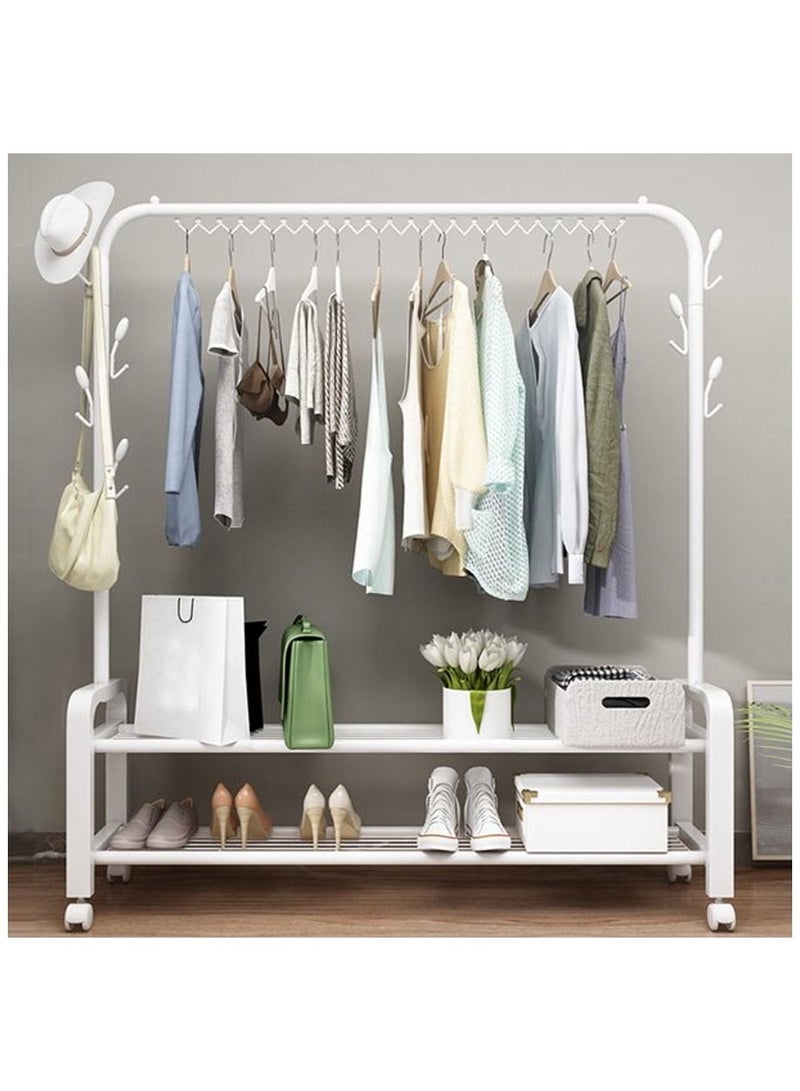حامل ملابس متحرك، حامل ملابس معدني، حامل ملابس ثقيل للاستخدام الداخلي، حامل معاطف وأحذية مع قضيب علوي ورف تخزين سفلي (طبقتين - أبيض) - Image 3