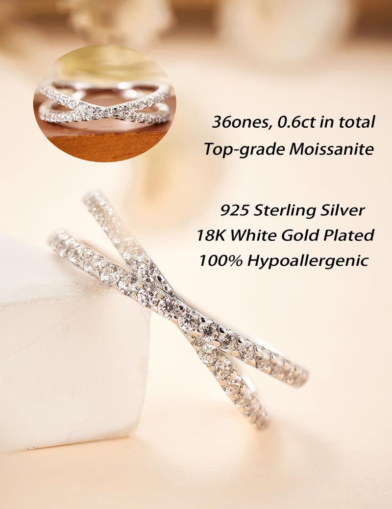 IMOLOVE Moissanite Wedding Band, Criss Cross Ring, Sterling Silver, White Gold Plated, Size 6.5 - Image 2