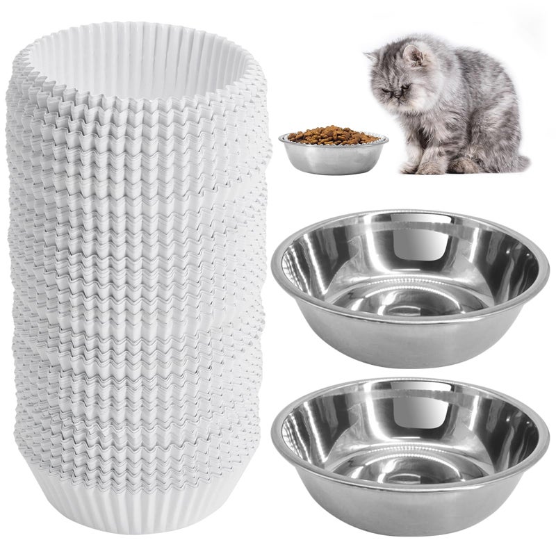 letesult Disposable Cat Food Bowls Set Pets Feeding Bowls Includes 300PCS Cats Food Small Paper Bowl 2PCS Stainless Steel Bowl Cat Plates Feedings Dish Liner Bulk for Wet Foods Cats Dogs Feeding Station - Image 2