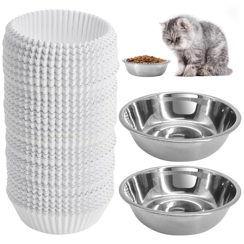 letesult Disposable Cat Food Bowls Set Pets Feeding Bowls Includes 300PCS Cats Food Small Paper Bowl 2PCS Stainless Steel Bowl Cat Plates Feedings Dish Liner Bulk for Wet Foods Cats Dogs Feeding Station - Image 1