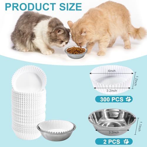 letesult Disposable Cat Food Bowls Set Pets Feeding Bowls Includes 300PCS Cats Food Small Paper Bowl 2PCS Stainless Steel Bowl Cat Plates Feedings Dish Liner Bulk for Wet Foods Cats Dogs Feeding Station - Image 3