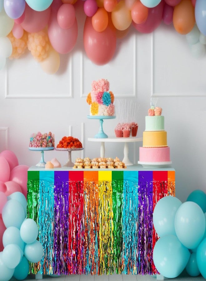 Morcheiong 2 Pack 29.5x108 Inch Rainbow Foil Fringe Tinsel Table Skirts Disposable Table Skirt Banner for Rectangle Tables Tinsel Backdrop Curtain Party Supplies Wedding Parade Floats Decorations - Image 4