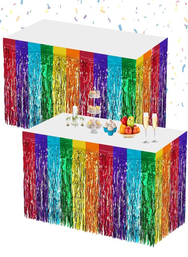 Morcheiong 2 Pack 29.5x108 Inch Rainbow Foil Fringe Tinsel Table Skirts Disposable Table Skirt Banner for Rectangle Tables Tinsel Backdrop Curtain Party Supplies Wedding Parade Floats Decorations - Image 1