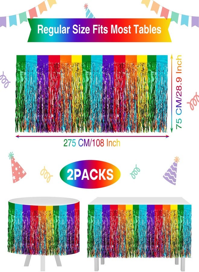 Morcheiong 2 Pack 29.5x108 Inch Rainbow Foil Fringe Tinsel Table Skirts Disposable Table Skirt Banner for Rectangle Tables Tinsel Backdrop Curtain Party Supplies Wedding Parade Floats Decorations - Image 2