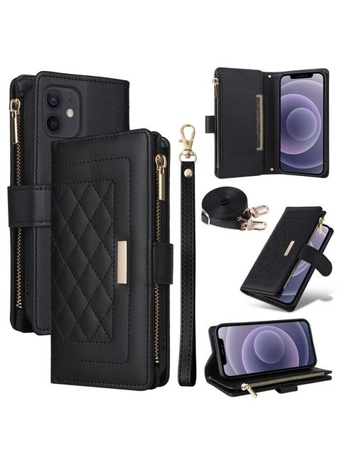 جراب هاتف iPhone 11 Crossbody بسحاب محفظة جلد على شكل معين