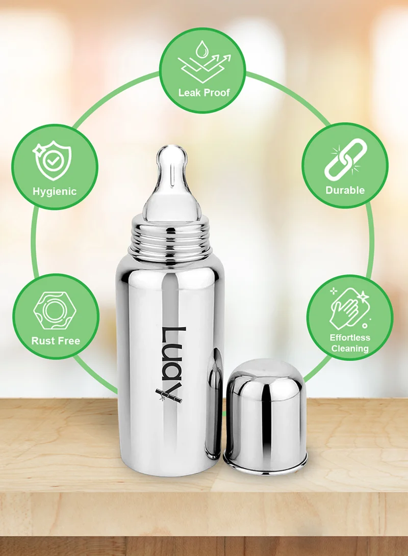 Luay Pack Of 2 Baby Steel Feeding Bottle 250ml | Baby Milk Bottle with Advanced Anti Colic Valve, BPA Free, Soft Silicone Teat, Wide Neck for Babies/Infants/Newborns Pack of 2 of 0-2 Years  | Best Price UAE