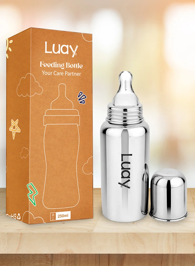 Luay Pack Of 2 Baby Steel Feeding Bottle 250ml | Baby Milk Bottle with Advanced Anti Colic Valve, BPA Free, Soft Silicone Teat, Wide Neck for Babies/Infants/Newborns Pack of 2 of 0-2 Years  | Best Price UAE