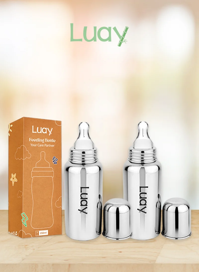 Luay Pack Of 2 Baby Steel Feeding Bottle 250ml | Baby Milk Bottle with Advanced Anti Colic Valve, BPA Free, Soft Silicone Teat, Wide Neck for Babies/Infants/Newborns Pack of 2 of 0-2 Years  | Best Price UAE