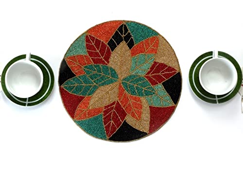 Awesome Washable Floral Cotton Cloth Designer Jacquard Vintage Placemat for Dining Room (Round Mats- 12" x 12")- Multicolor Round (PMT014) - Image 1