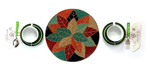 Awesome Washable Floral Cotton Cloth Designer Jacquard Vintage Placemat for Dining Room (Round Mats- 12" x 12")- Multicolor Round (PMT014) - Image 4