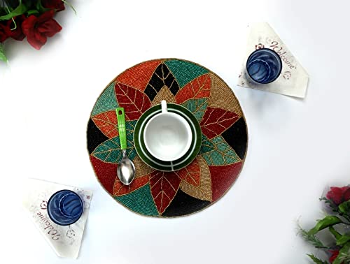 Awesome Washable Floral Cotton Cloth Designer Jacquard Vintage Placemat for Dining Room (Round Mats- 12" x 12")- Multicolor Round (PMT014) - Image 3