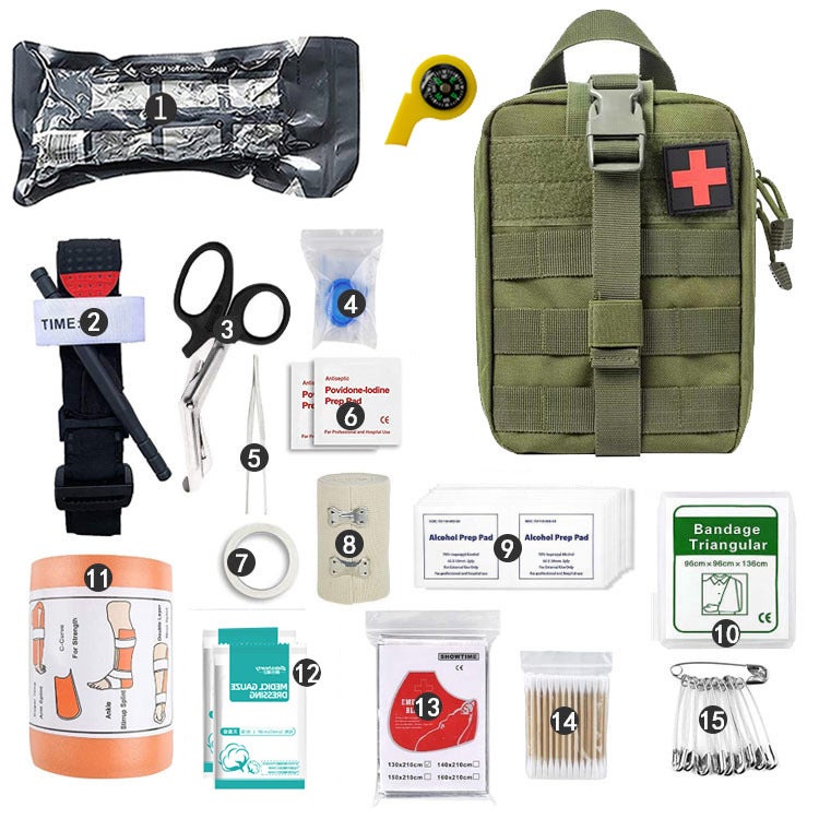 Outdoor camping equipment survival tool set field survival emergency kit multi-functional tactical camping first aid supplies Army Green 