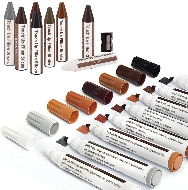 SEISSO Furniture Markers Touch Up 17PCS Furniture Repair Kit 8 Colors Wood Markers and Wax Sticks with Sharpener Kit Used for Stains Scratch Wood Floors Stains Tables Desks and Cover Ups