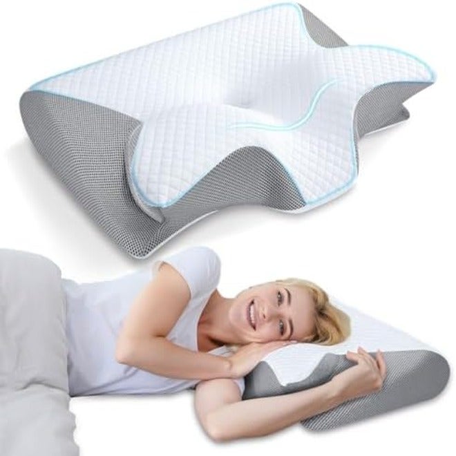 Memory Foam Pillow, 2 in 1 Neck Support for Sleeping, Ergonomic Bed Pillow for Side Back Stomach Sleeper  (Grey) - Image 1
