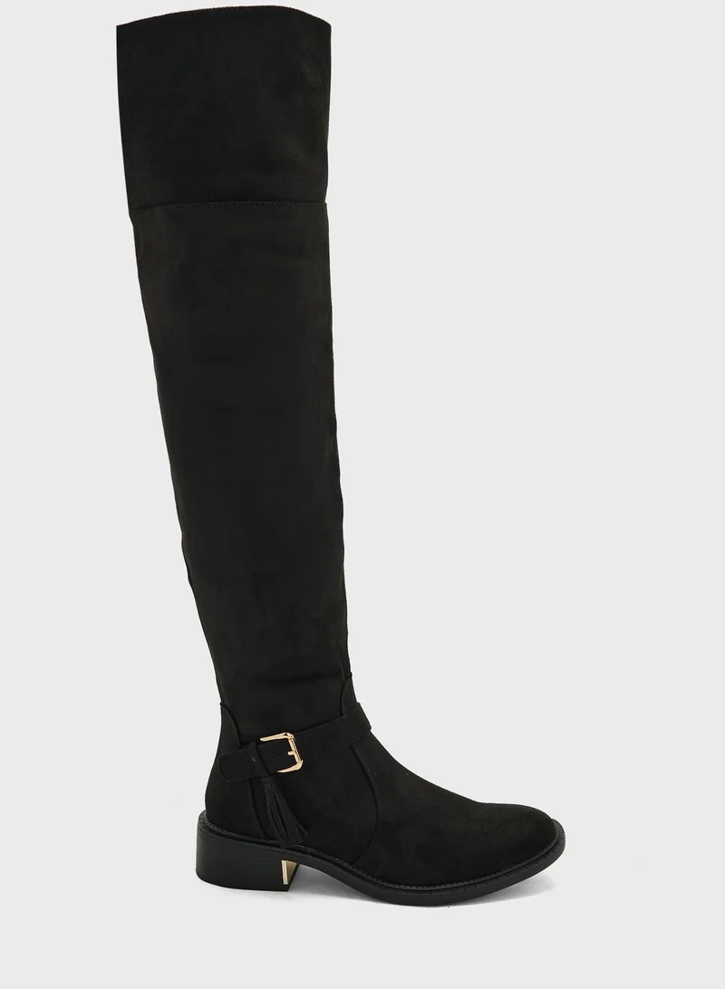 Truffle Black Faux Suede Buckle Down Collar Long Boots