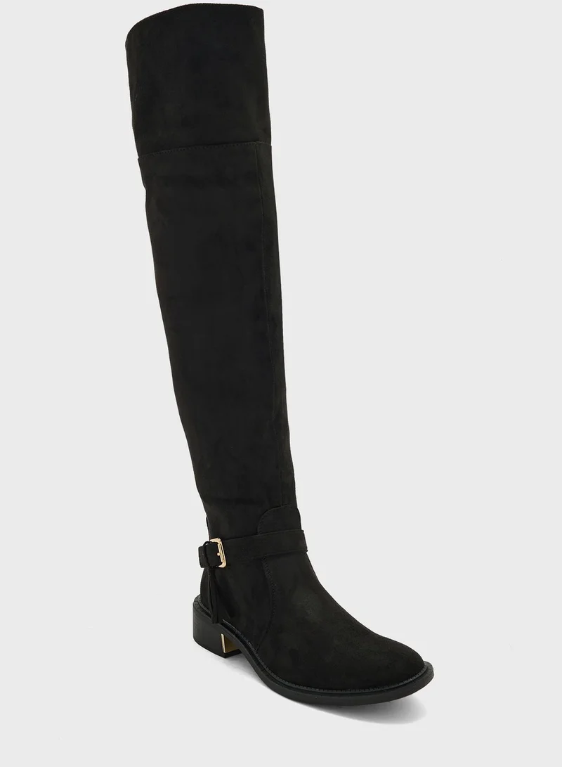Truffle Black Faux Suede Buckle Down Collar Long Boots