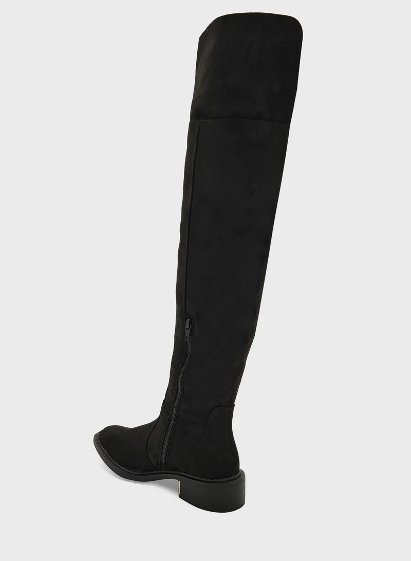 Truffle Black Faux Suede Buckle Down Collar Long Boots